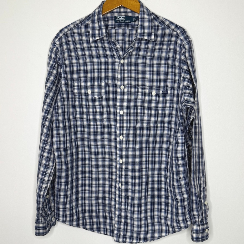 Polo Ralph Lauren Button front plaid linen/cotton shirt blue Large